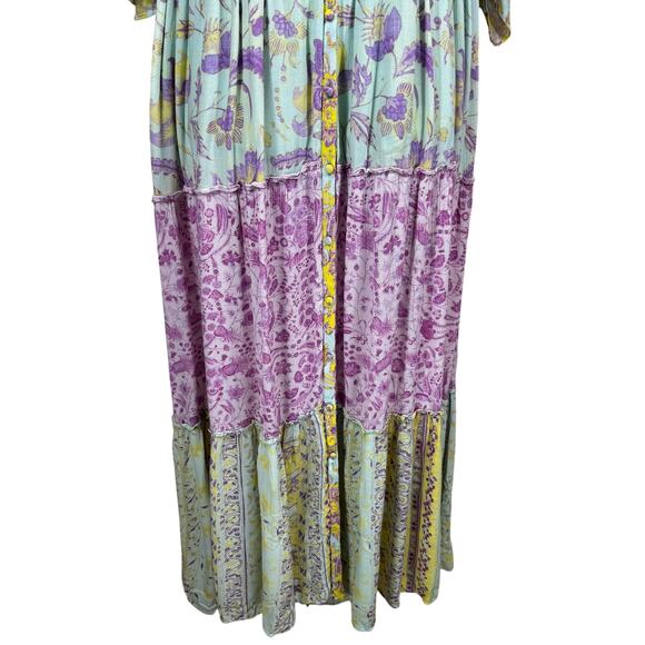 Hemant & Nandita Maxi Dress Women’s Size Medium Green Floral V-Neck Boho Style - Picture 7 of 15